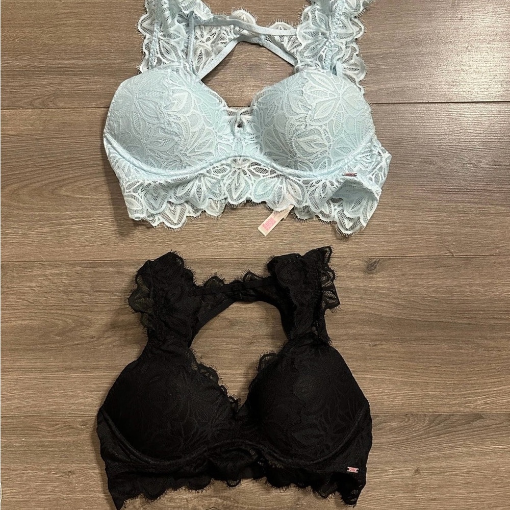 Lace Bralette Set - Black and Light Blue